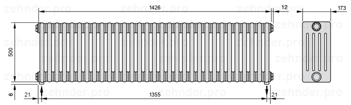 Схема (чертеж) Радиатор Zehnder Charleston 5050/31 №3570 Белый глянцевый RAL 9016